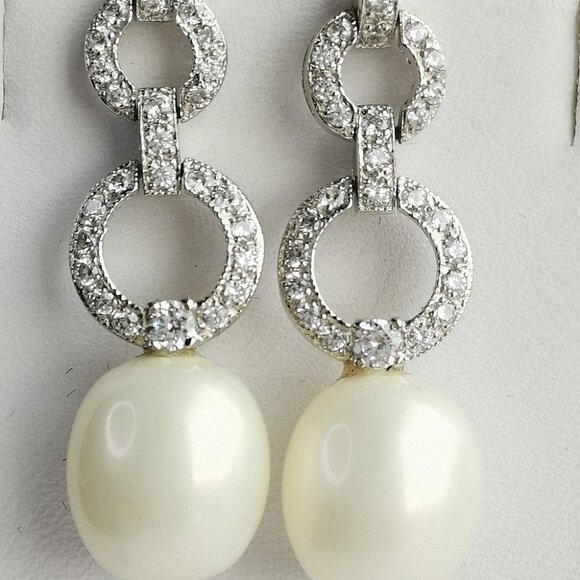 White Sapphire South Sea Pearl drop earrings in 14k white gold 🆕 - Picture 4 of 8